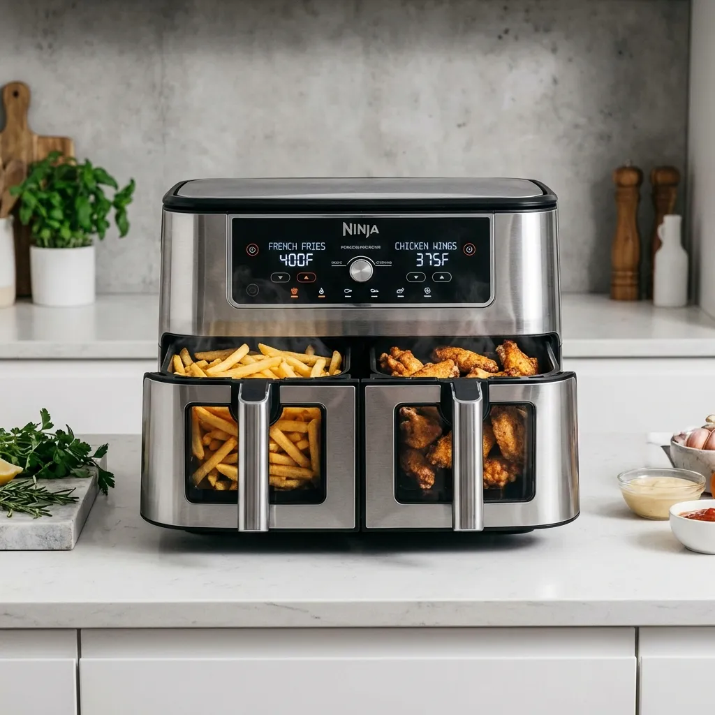 Ninja Foodi DZ550 dual basket air fryer on a countertop with food